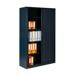 Vista desde 3/4 del armario metálico con persiana alt.180cm antracita - una puerta abierta con accesorios