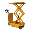 Vista trasera en 3/4 de la Mesa elevadora eléctrica móvil doble tijera 500 kg - plataforma alta